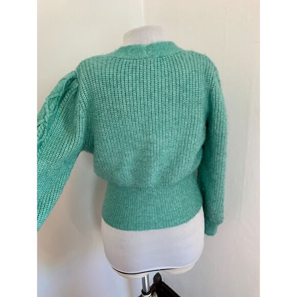 VTG 90s y2k Green Knit Cropped Sweater Mutton Sleeves Cable Argyle Cardigan Med - Picture 12 of 16